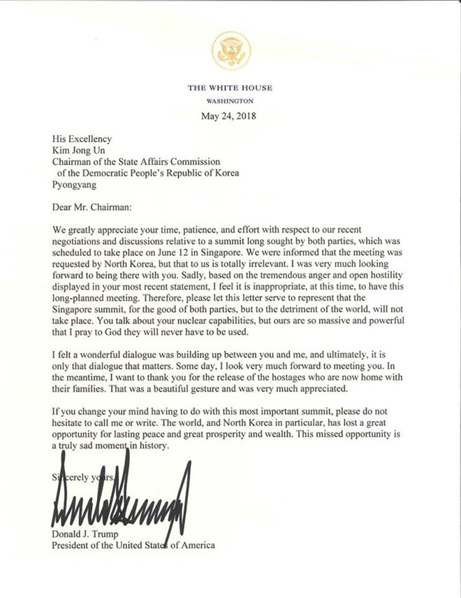 Lá thư ông Trump gửi cho ông Kim. (Nguồn: White House)