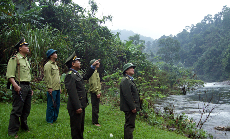 Nhân viên bảo vệ rừng Động Châu phối hợp cán bộ Kiểm lâm huyện Lệ Thủy tuần tra, kiểm soát bảo vệ rừng.