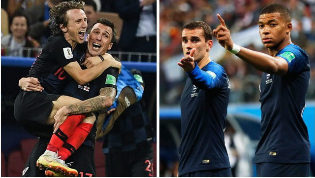 Hào quang World Cup chỉ còn cách các cầu thủ Croatia (trái) và Pháp trận chung kết. Ảnh: MARCA