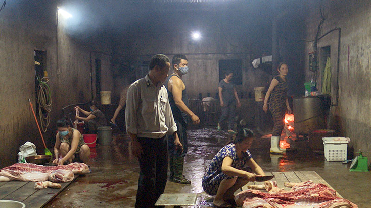 Lực lượng chức năng kiểm tra cơ sở giết mổ trên địa bàn thị xã Ba Đồn.