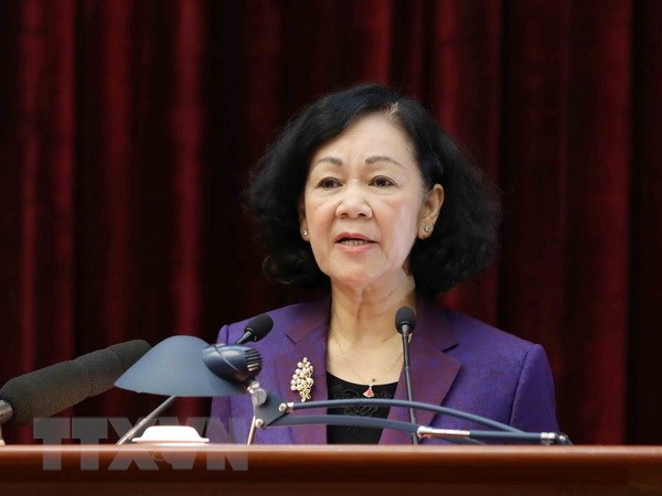 Bà Trương Thị Mai, Ủy viên Bộ Chính trị, Bí thư Trung ương Đảng, Trưởng Ban Dân vận Trung ương, Trưởng Ban Chỉ đạo Trung ương về thực hiện quy chế dân chủ ở cơ sở phát biểu. (Ảnh: Phương Hoa/TTXVN)