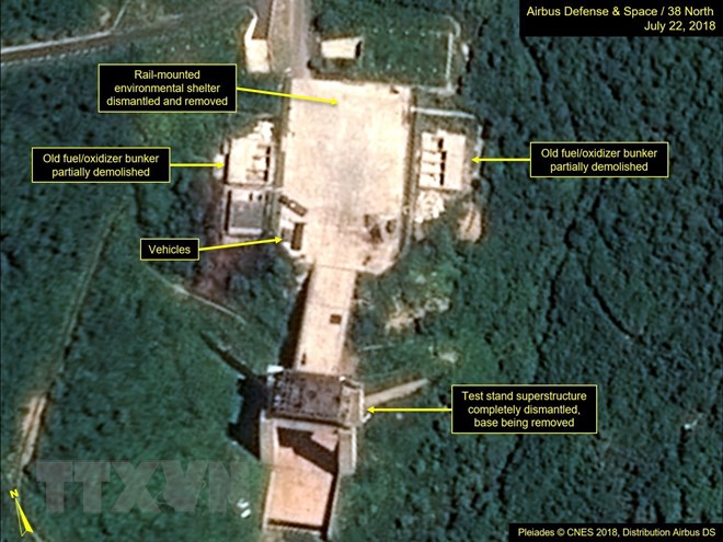 Hình ảnh do trang mạng 38 North ghi lại cho thấy hoạt động tháo dỡ các cơ sở của bãi thử hạt nhân Sohae ngày 22-7. (Nguồn: AFP/ TTXVN)