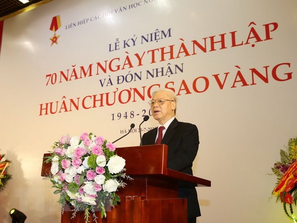 Tổng Bí thư Nguyễn Phú Trọng phát biểu tại Lễ kỷ niệm. (Ảnh: Trí Dũng/TTXVN)