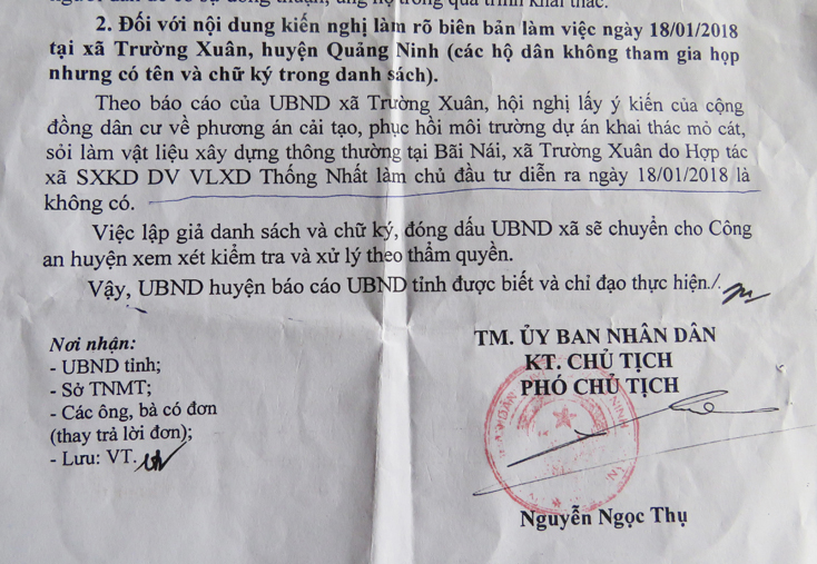UBND huyện Quảng Ninh cho biết đã có việc lập giả danh sách và chữ ký, đóng dấu của UBND xã Trường Xuân. Công an huyện đang xem xét kiểm tra và xử lý theo thẩm quyền. 