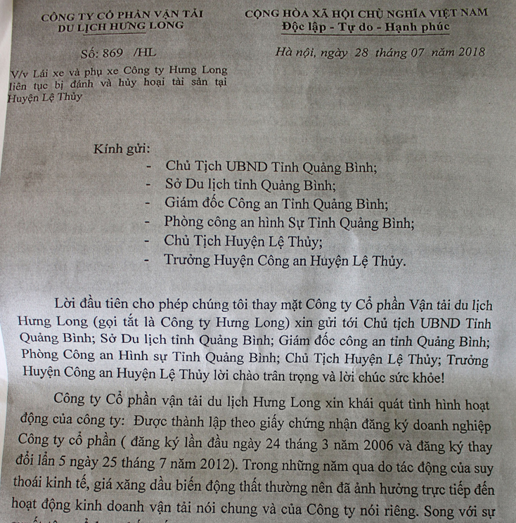 Đơn của bà Nguyễn Thị Hòa, Giám đốc Công ty Hưng Long gửi cho các ngành chức năng tỉnh Quảng Bình.
