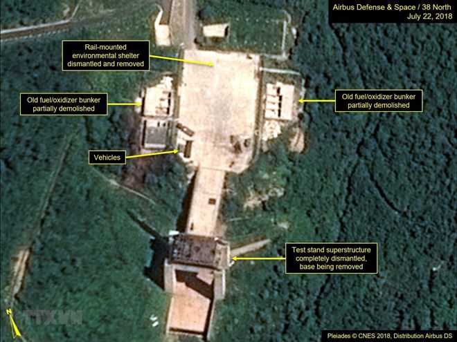 Hình ảnh do trang mạng 38 North ghi lại cho thấy hoạt động tháo dỡ các cơ sở của bãi thử hạt nhân Sohae ngày 22-7. (Nguồn: AFP/ TTXVN)