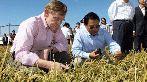 Chủ tịch WB Robert Zoellick (trái) cùng một thứ trưởng Bộ Tài chính Trung Quốc thăm cánh đồng lúa tại một trang trại ở tỉnh Hắc Long Giang ngày 4-9-2011 - Ảnh: Reuters
