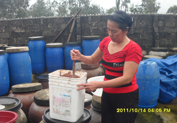 Chị Nguyễn Thị Mẹo đang chế biến nước mắm tại gia đình. Ảnh: Thu Thơm