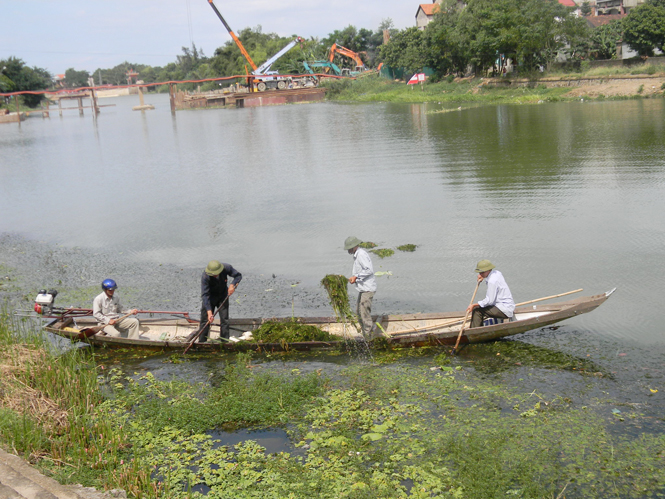 Lệ Thủy huy động lực lượng ra quân vệ sinh môi trường trên sông Kiến Giang (ảnh chụp ngày 26-8-2013).