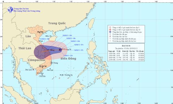 Đường đi và vị trí cơn bão số 8. (Nguồn: TT DBKTTV TƯ)