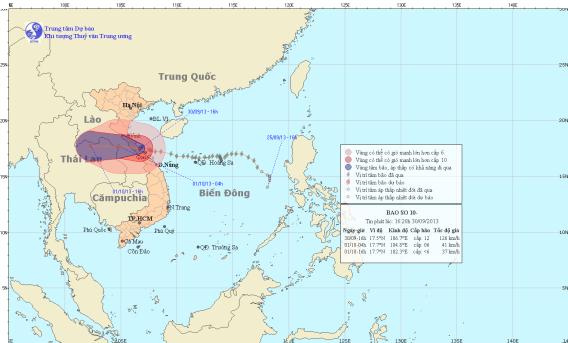 Vị trí và đường đi của bão số 10. (Nguồn: TT DBKTTV TƯ)