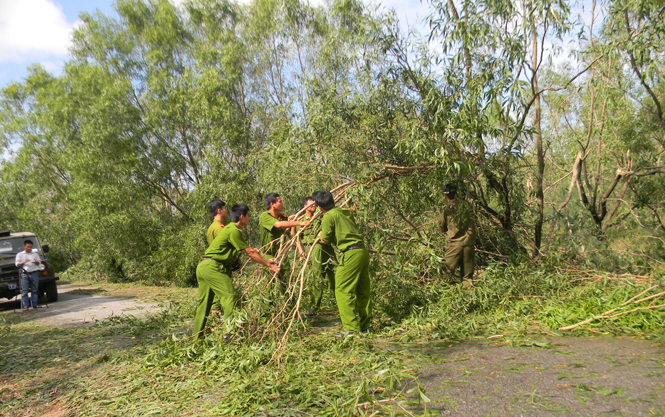 Lực lượng Công an huyện Lệ Thủy tiến hành giúp dân giải phóng hành lang an toàn giao thông sau bão.