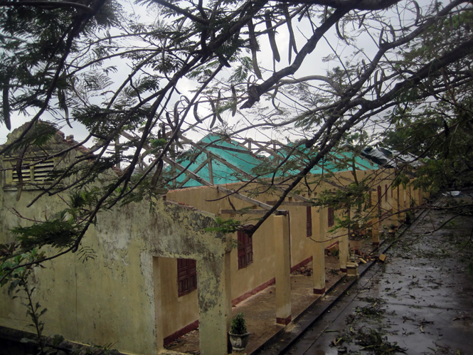 Sáu phòng học ở Trường TH số 1 Xuân Ninh bị bão thổi bay mất mái.