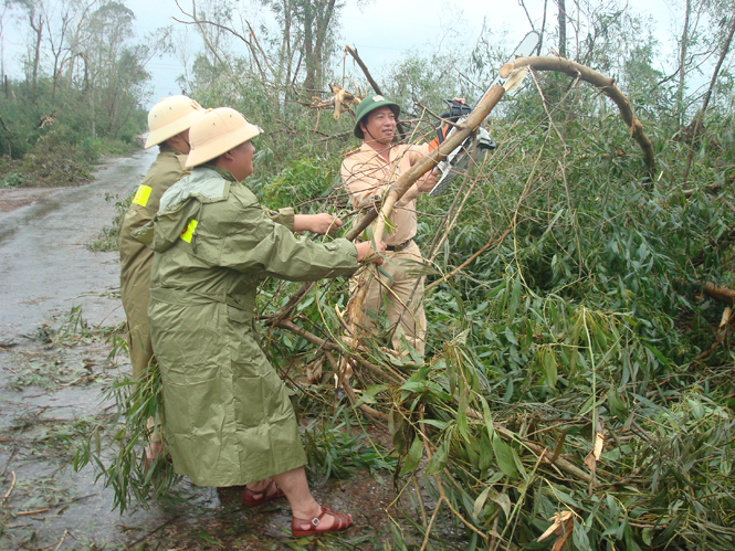 Lực lượng CSGT tiến hành thu dọn cây cối gãy đổ bảo đảm giao thông thông suốt.