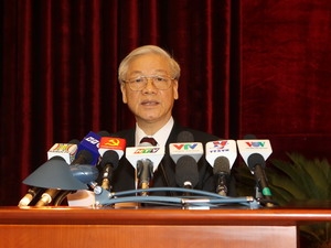 Tổng Bí thư Nguyễn Phú Trọng phát biểu bế mạc Hội nghị.(Ảnh: Trí Dũng/TTXVN)