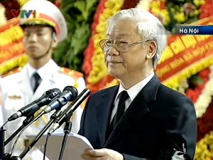 Tổng Bí thư Nguyễn Phú Trọng, Trưởng ban tổ chức lễ tang đọc lời điếu tại lễ truy điệu Đại tướng Võ Nguyên Giáp.