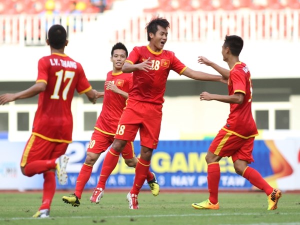 Pha ăn mừng bàn thắng của U23 Việt Nam. (Ảnh: Quang Nhựt-TTXVN)