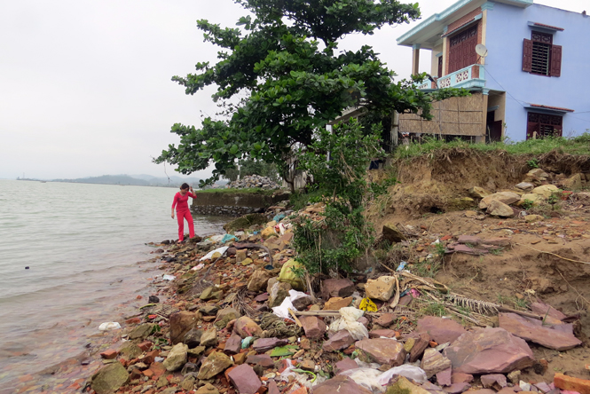Kè bị sạt lở khiến cho mép sông chỉ cách móng nhà của chị Hòa (thôn Tân An, xã Quảng Thanh) 1,5m.