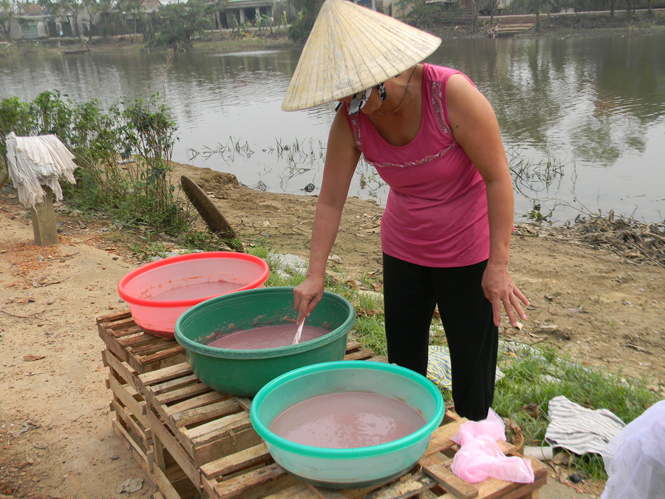 Người dân xã Phong Thuỷ, huyện Lệ Thuỷ chế biến món nhút tép.
