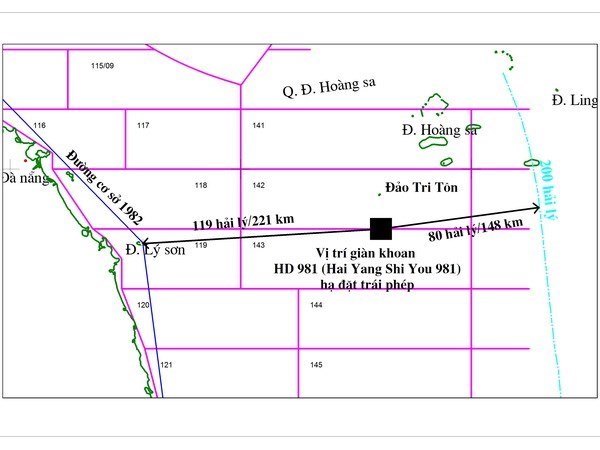 Bản đồ xác định vị trí giàn khoan HD-981 của Tổng Công ty dầu khí Hải dương Trung Quốc nằm bất hợp pháp trong vùng đặc quyền kinh tế, thềm lục địa của Việt Nam. (Ảnh do Tập đoàn Dầu khí Việt Nam cung cấp)