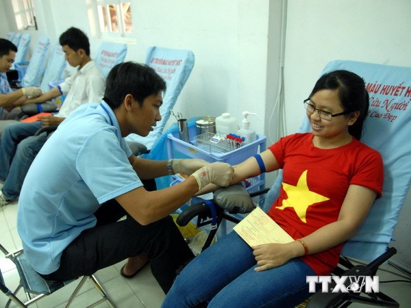 Các bạn thanh niên tham gia hiến máu tình nguyện. (Ảnh: Mạnh Linh/TTXVN)