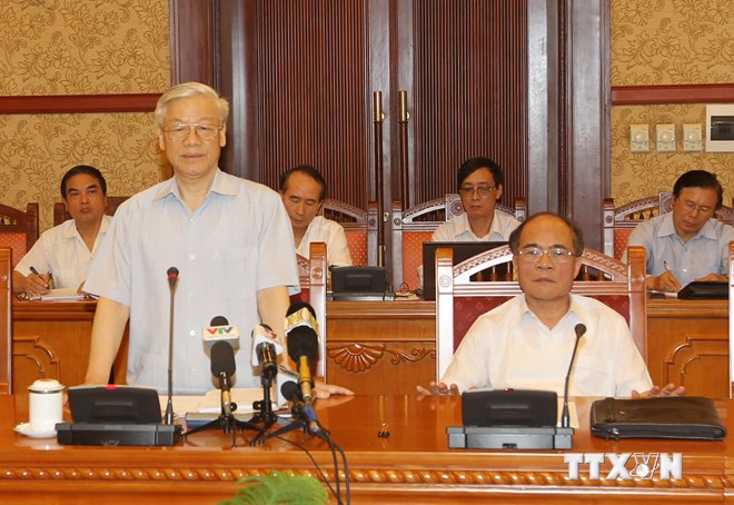 Tổng Bí thư Nguyễn Phú Trọng phát biểu kết luận Phiên họp. (Ảnh: Trí Dũng/TTXVN)