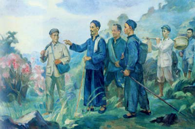 Ông Lộc (người gánh tư trang) được tái hiện trong tranh sơn dầu “Bác Hồ về nước” của Trịnh Phòng.