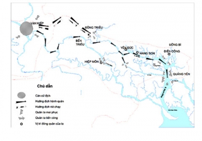 Sơ đồ các bước rút lui và bị chặn đánh của quân Nguyên trong trận Bạch Đằng 1288 (Hình do GS Nguyễn Quang Ngọc cung cấp).