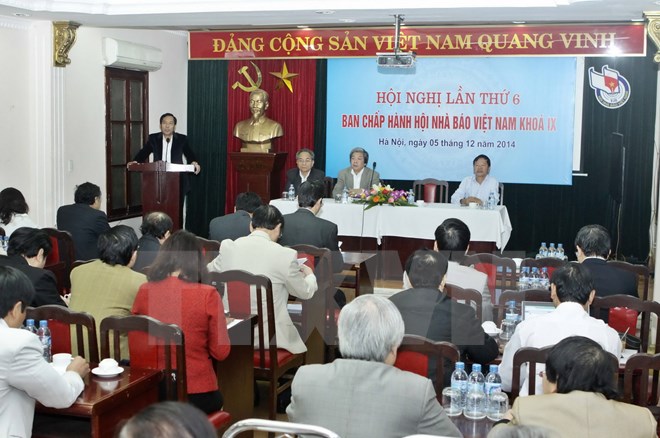 Quang cảnh Hội nghị lần thứ Sáu, Ban Chấp hành Hội Nhà báo Việt Nam khóa IX. (Ảnh: Quang Quyết/TTXVN)