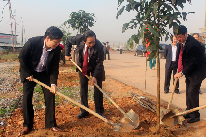 Đồng chí Hoàng Đăng Quang, Phó Bí thư Thường trực Tỉnh ủy, Trưởng đoàn đại biểu Quốc hội tỉnh trồng cây trên đường 23-8.