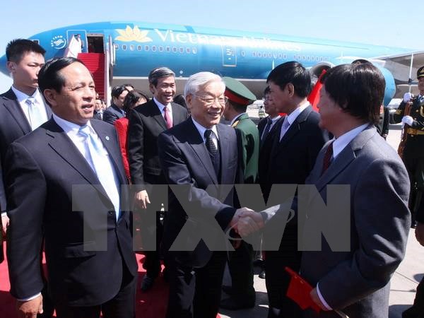 Lễ đón Tổng Bí thư Nguyễn Phú Trọng cùng Đoàn đại biểu cấp cao Việt Nam tại Sân bay Quốc tế Bắc Kinh. (Ảnh: Trí Dũng/TTXVN)