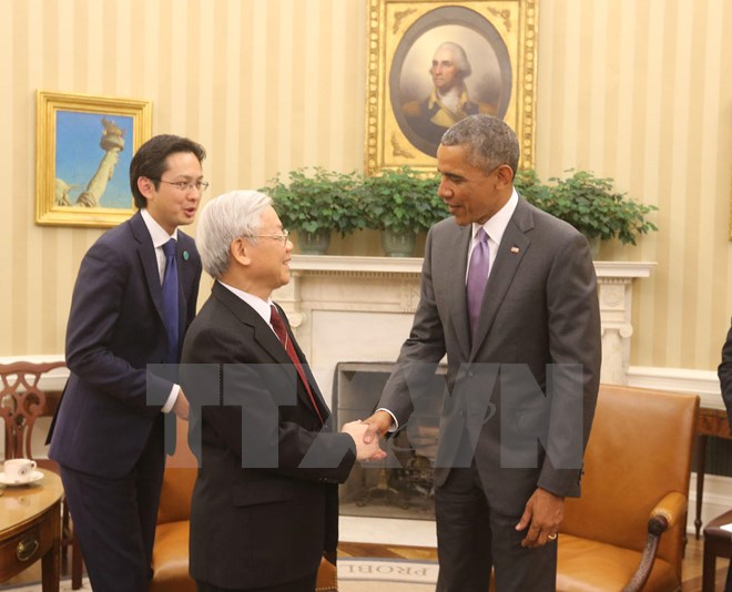 Tổng Bí thư Nguyễn Phú Trọng và Tổng thống Hoa Kỳ Barack Obama đã có cuộc hội đàm chính thức tại tại phòng Bầu dục ở Nhà Trắng. (Ảnh: Trí Dũng/TTXVN)