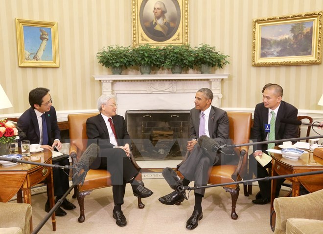 Tổng Bí thư Nguyễn Phú Trọng và Tổng thống Hoa Kỳ Barack Obama gặp gỡ báo chí. (Ảnh: Trí Dũng/TTXVN
