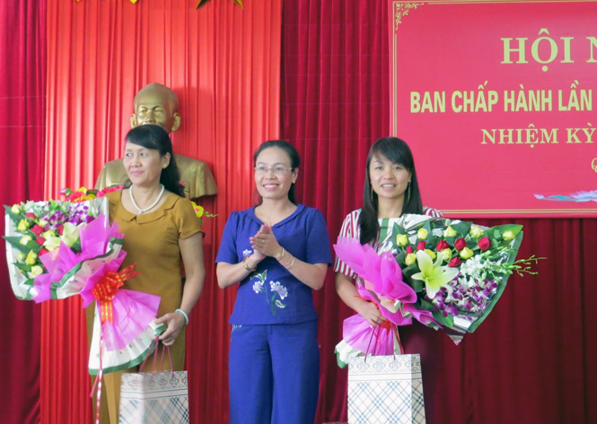 Bà Phạm Thị Hân, TUV, Chủ tịch Hội LHPN tỉnh trao hoa và quà cho các thành viên thôi không tham gia BCH Hội LHPN khóa XIV (nhiệm kỳ 2011-2016).