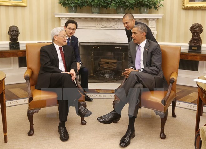 Tổng Bí thư Nguyễn Phú Trọng hội đàm với Tổng thống Hoa Kỳ Barack Obama. (Ảnh: Trí Dũng/TTXVN)