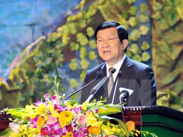 Chủ tịch nước Trương Tấn Sang phát biểu tại chương trình. (Ảnh: Trọng Đức/TTXVN)