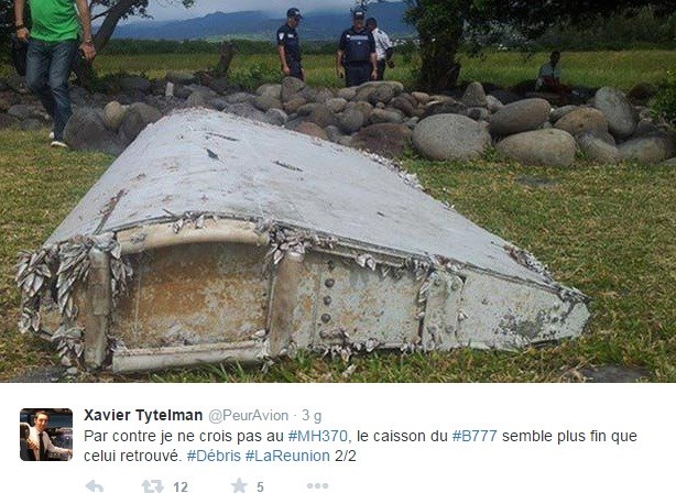 Mảnh vỡ máy bay được chuyên gia hàng không Xavier Tytelman đăng tải lên Twitter kèm nghi vấn rằng nó có thể thuộc về MH370 (Nguồn: Twitter)