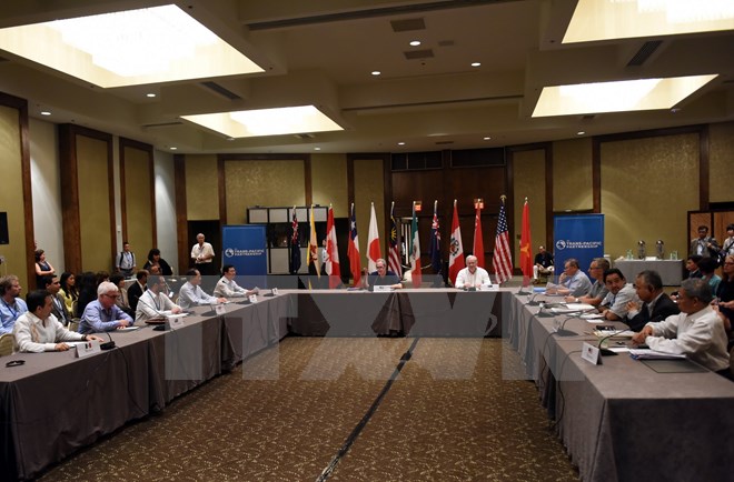 Các Bộ trưởng thương mại 12 nước tham gia cuộc đàm phán TPP tại Hawai. (Nguồn: THX/TTXVN)