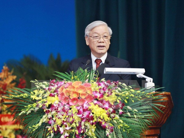 Tổng Bí thư Nguyễn Phú Trọng phát biểu tại Đại hội. (Ảnh: Minh Quyết/TTXVN)