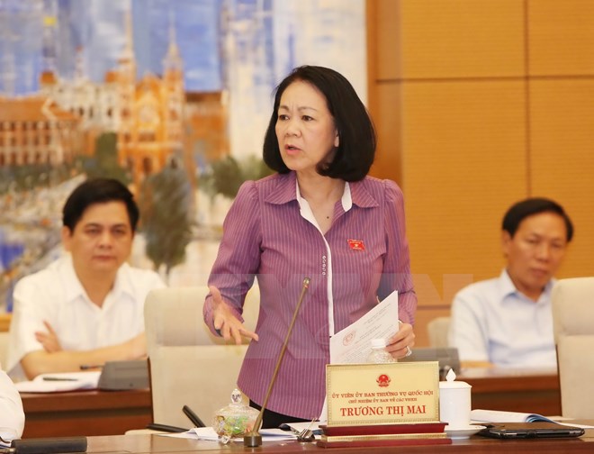 Chủ nhiệm Ủy ban về các Vấn đề xã hội của Quốc hội Trương Thị Mai phát biểu ý kiến. (Ảnh: Phương Hoa/TTXVN)