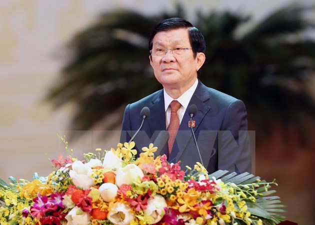 Chủ tịch nước Trương Tấn Sang đọc Diễn văn tại Lễ kỷ niệm. (Ảnh: Nguyễn Khang/TTXVN)