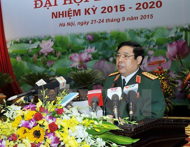 Đại tướng Phùng Quang Thanh, Ủy viên Bộ Chính trị, Phó Bí thư Quân ủy Trung ương nhiệm kỳ 2010-2015, Bộ trưởng Bộ Quốc phòng phát biểu tại Đại hội. (Ảnh: Trọng Đức/TTXVN)