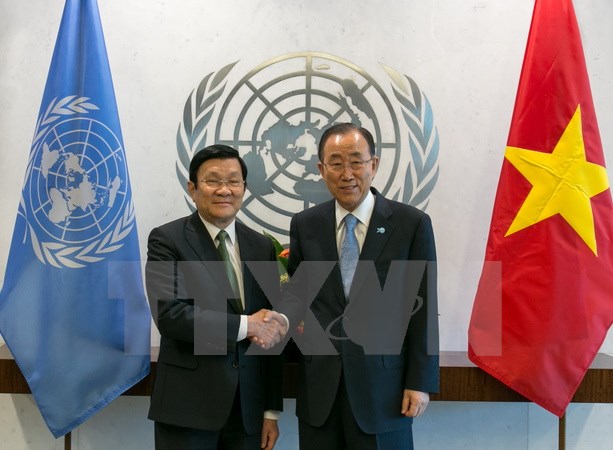Chủ tịch nước Trương Tấn Sang gặp Tổng thư ký Liên hiệp quốc Ban Ki-moon. (Ảnh: Lê Dương/TTXVN)