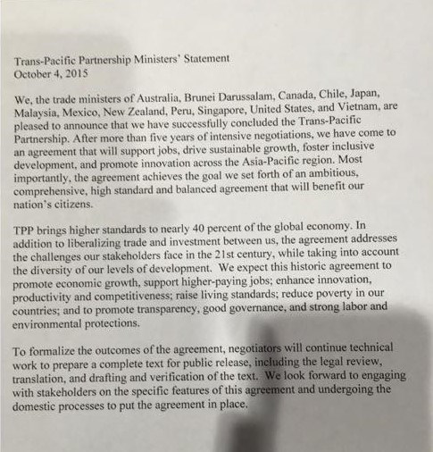 Tuyên bố của các bộ trưởng TPP vào ngày 4/10/2015