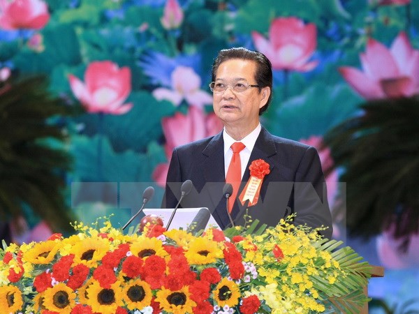 Thủ tướng Nguyễn Tấn Dũng, Chủ tịch Hội đồng Thi đua-Khen thưởng Trung ương phát biểu khai mạc Đại hội. (Ảnh: TTXVN)