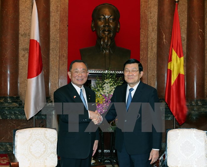 Chủ tịch nước Trương tấn Sang tiếp Chủ tịch Thượng viện Nhật Bản, ngài Yamazaki Masaaki, sang thăm chính thức Việt Nam. (Ảnh: Nguyễn Khang/TTXVN)