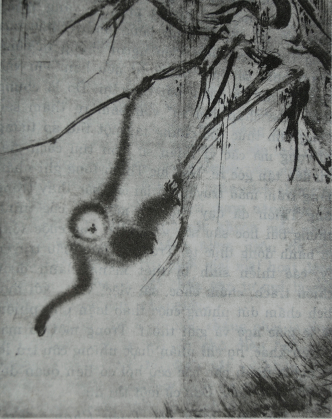 Bức tranh thủy mặc “Vượn vớt trăng” của họa sỹ thiền sư Hasegawa Tohaku (Ảnh chụp lại từ tư liệu)