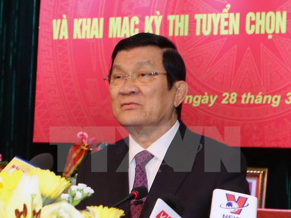 Chủ tịch nước Trương Tấn Sang dự Lễ Công bố Quyết định thành lập Học viện Tòa án ngày 28/3. (Ảnh: Nguyễn Khang/TTXVN)