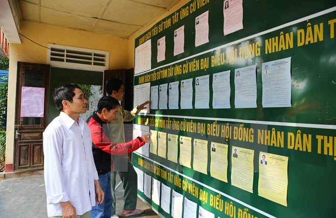Cử tri huyện Hương Trà, tỉnh Thừa Thiên-Huế tìm hiểu các ứng cử viên tại một điểm niêm yết công khai. (Ảnh: Hồ Cầu/TTXVN)
