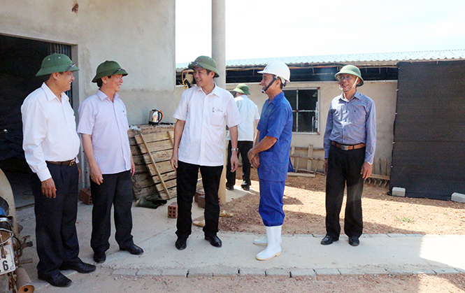 Đồng chí Trần Công Thuật, Phó Bí thư Thường trực Tỉnh uỷ kiểm tra mô hình trang trại tổng hợp của ông Nguyễn Văn Diệm.